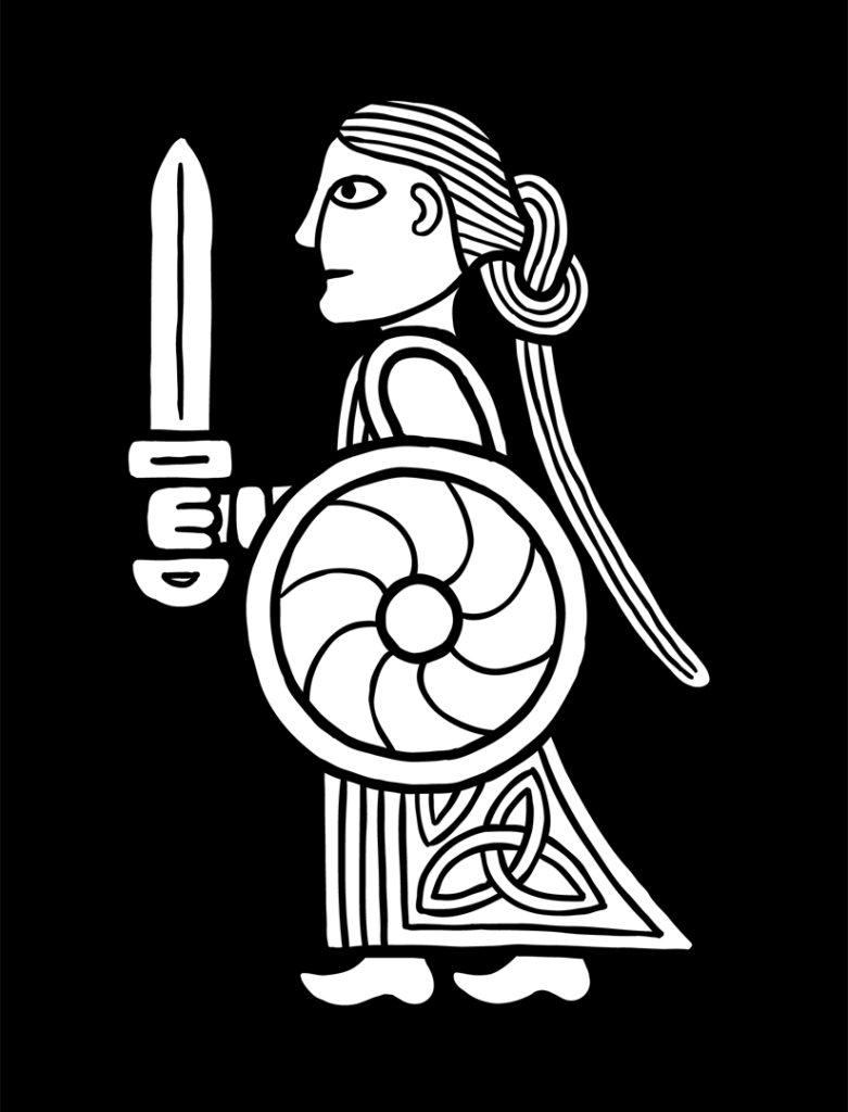 Viking Shield Maiden Kneeling with Shield Above Head, Viking